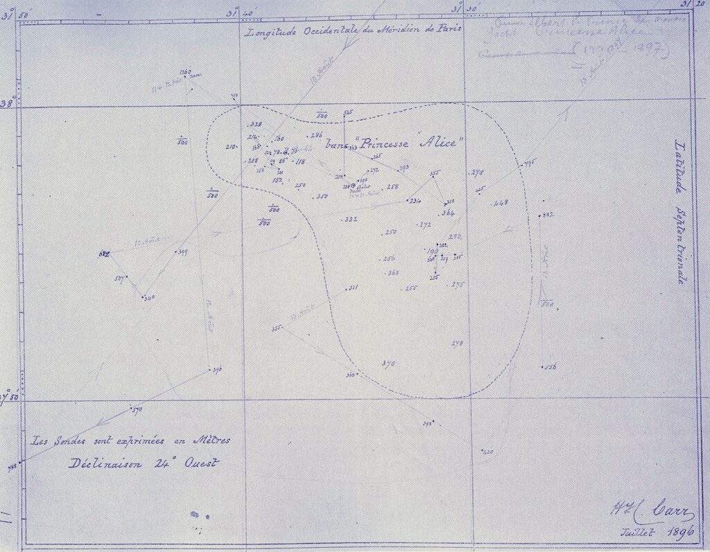 The bathymetric survey of Princess Alice Bank drawn in blue ink in July 1896, with soundings in meters and a dotted outline, signed by Captain Carr