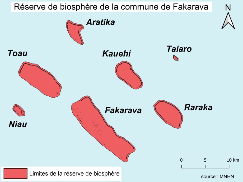 Map of seven atolls drawn in red on a light blue background, Fakarava in the center, surrounded by Toau, Aratika, Kauehi, Taiaro, Raraka and Niau, with a north arrow and a scale