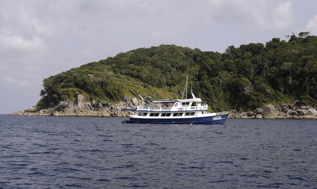 A blue and white liveaboard moored off a Similan island, with gray granite boulders at the waterline below the forest