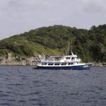 A blue and white liveaboard moored off a Similan island, with gray granite boulders at the waterline below the forest