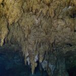 A forest of beige stalactites reaching down toward dark water, with a column in the center and a green glow on the right