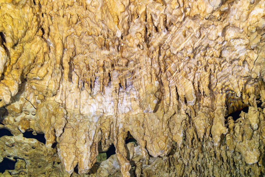 Close-up of pale yellow formations and thin stalactites, with the rippled reflection of the water below