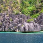 Gray limestone spires carved into blades plunge into turquoise, then deep blue water, at the foot of a forested slope.