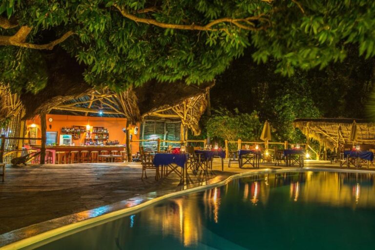 The bar and the tables with blue tablecloths by the pool, at night