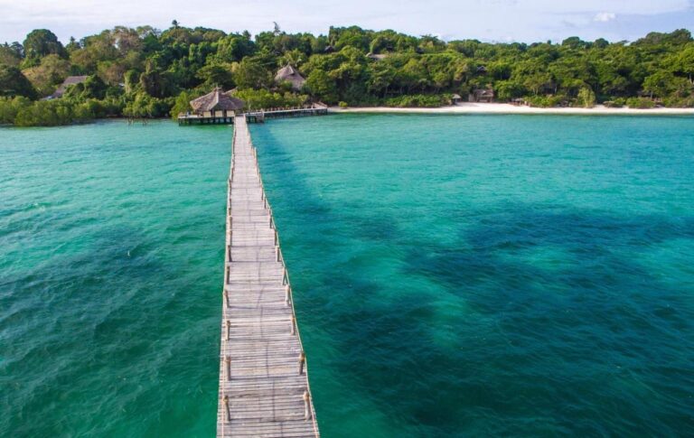 The long wooden jetty of Fundu Lagoon over turquoise water, facing the wooded coast