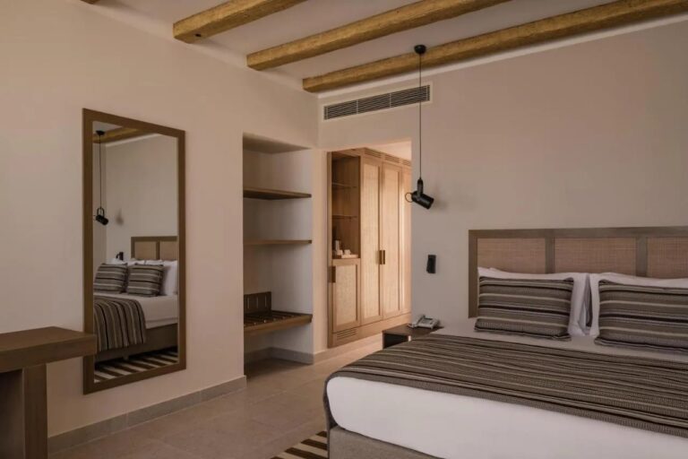 A double room with a large mirror and an open walk-in closet