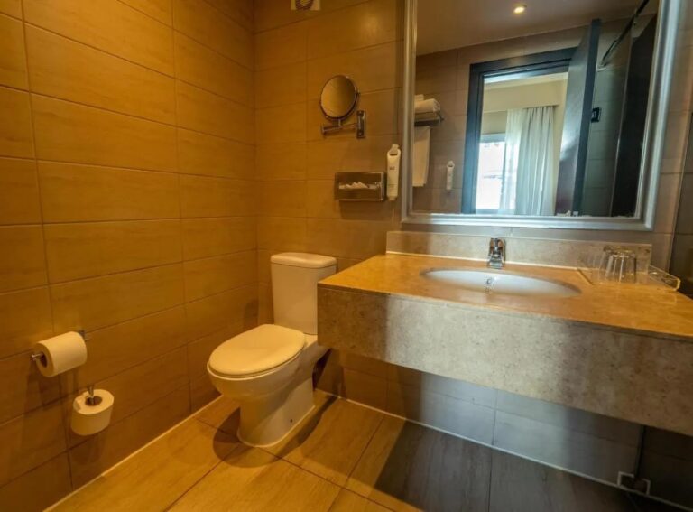 A tiled bathroom with a toilet, a basin and a large mirror