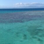 The lagoon from above, turquoise water dotted with dark coral heads, the barrier reef with breaking waves on the right and the mountains of Grande Terre on the horizon