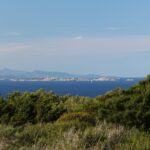 View from the coastal scrub onto a long, low island of pale granite boulders on a dark blue sea, with a sailboat at its foot and bluish mountains on the horizon.