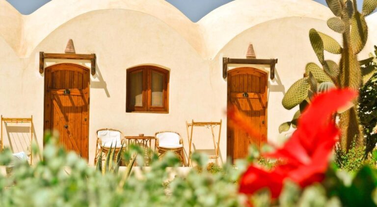 The vaulted facades of the chalets, with their wooden doors and a red hibiscus in the foreground