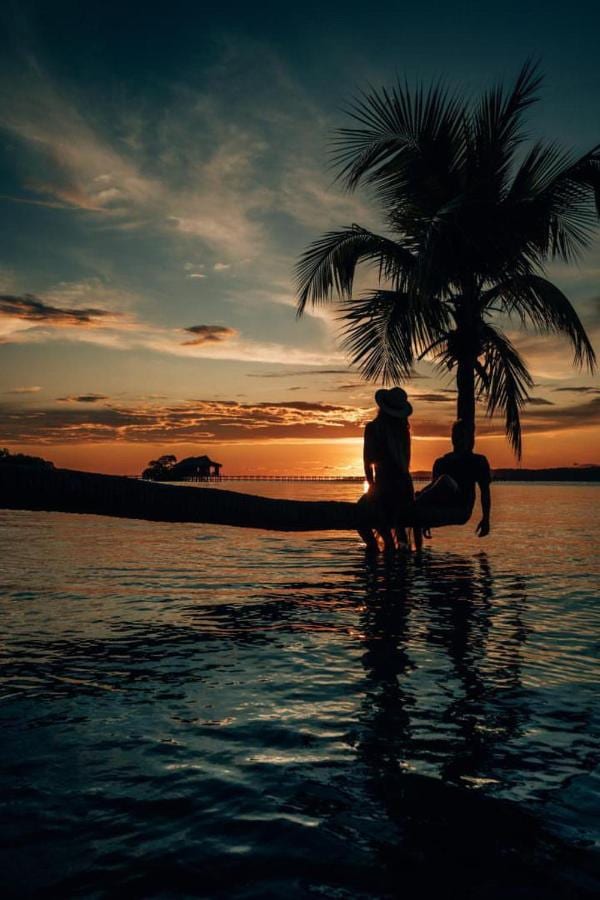 Two silhouettes on the leaning trunk of a palm tree, above the sea, under an orange sky