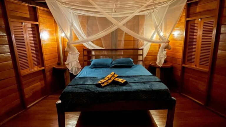 A bed with blue sheets under a mosquito net, between two windows with wooden shutters