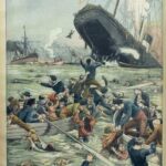 Color engraving of the Liban sinking bow up, the French tricolor on its mast, while sailors haul passengers who fell into the sea into lifeboats, under a French headline announcing the Liban disaster and the rescue of the passengers.