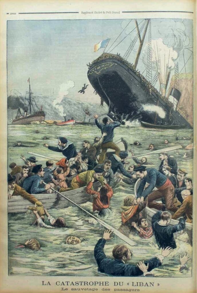 Color engraving of the Liban sinking bow up, the French tricolor on its mast, while sailors haul passengers who fell into the sea into lifeboats, under a French headline announcing the Liban disaster and the rescue of the passengers.