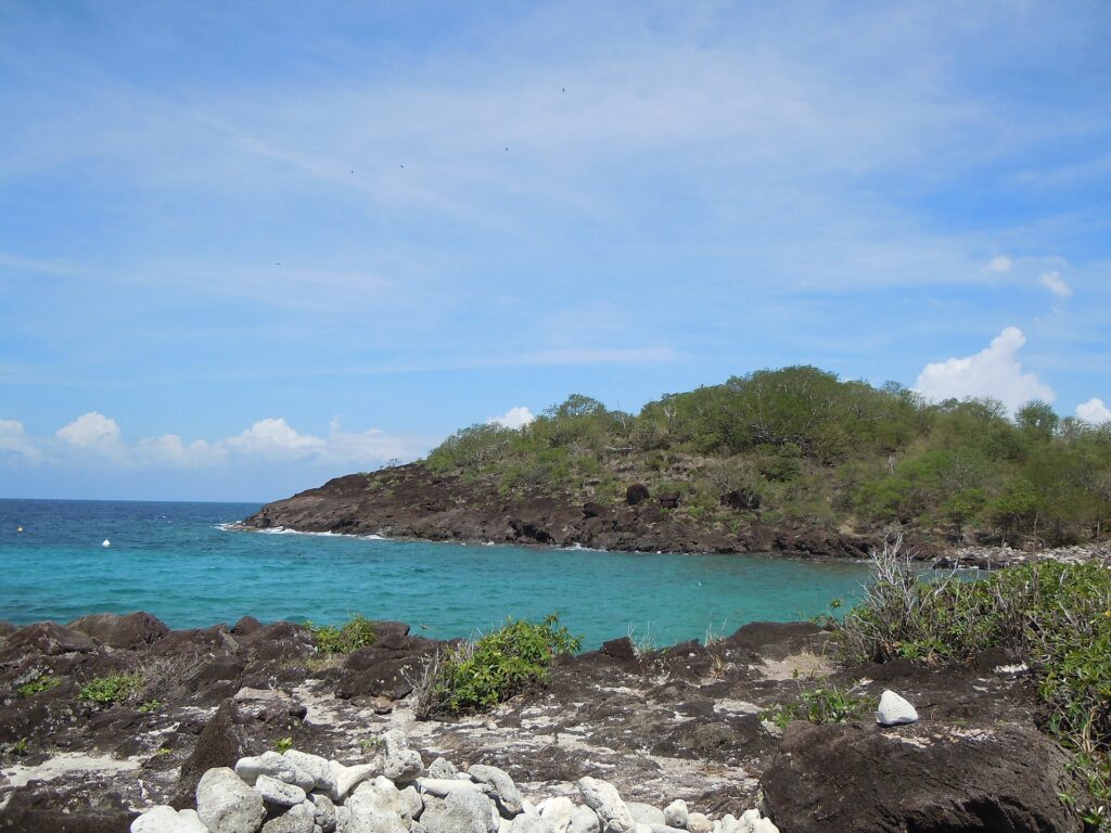 A turquoise cove sheltered by a point of dark rock covered in scrub, seen from the islet's rocks, under a blue sky