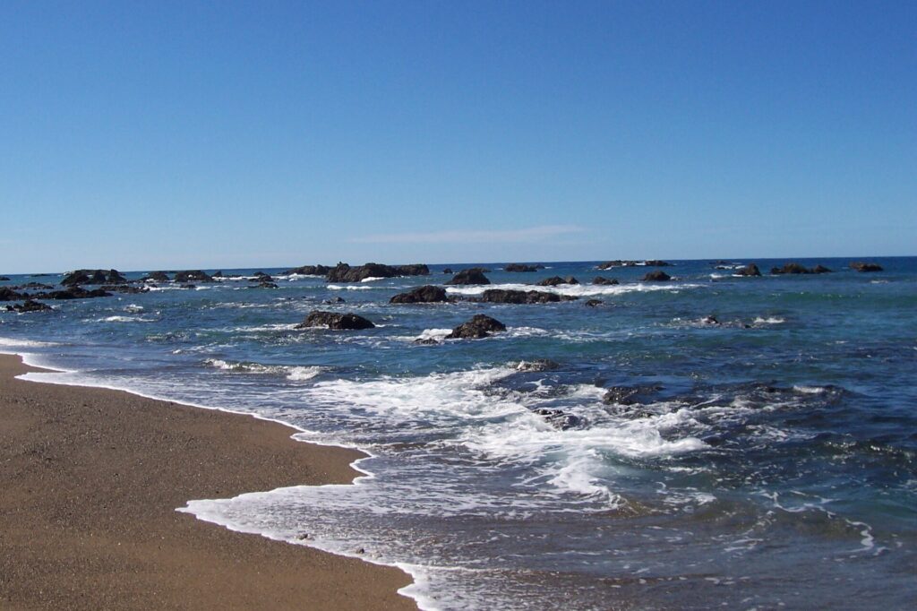 A golden brown sand beach where foam-fringed waves break, in front of a blue sea dotted with black rocks to the horizon, under a cloudless sky.