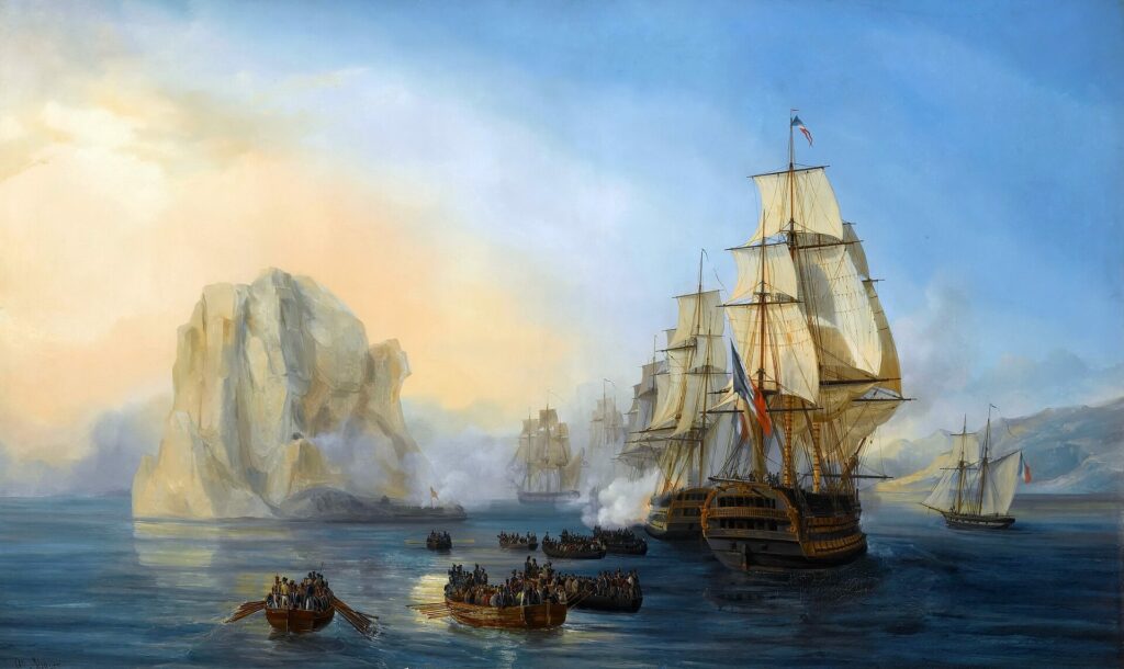 Painting of a French squadron under full sail bombarding a large pale rock, while boats loaded with soldiers row toward it