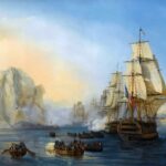 Painting of a French squadron under full sail bombarding a large pale rock, while boats loaded with soldiers row toward it