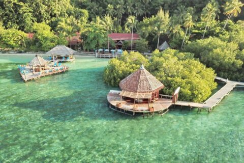 Aerial view of Raja Ampat Dive Lodge, its jetties on stilts and its red roofs under the palm trees