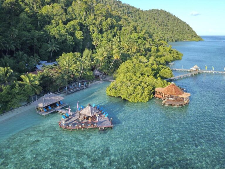 The decks of Raja Ampat Dive Lodge at the foot of a forested hill