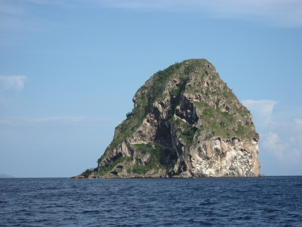 Diamond Rock seen up close from the sea, a mass of gray rock hollowed with caves, streaked with white and topped with vegetation, above a dark blue sea
