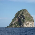 Diamond Rock seen up close from the sea, a mass of gray rock hollowed with caves, streaked with white and topped with vegetation, above a dark blue sea