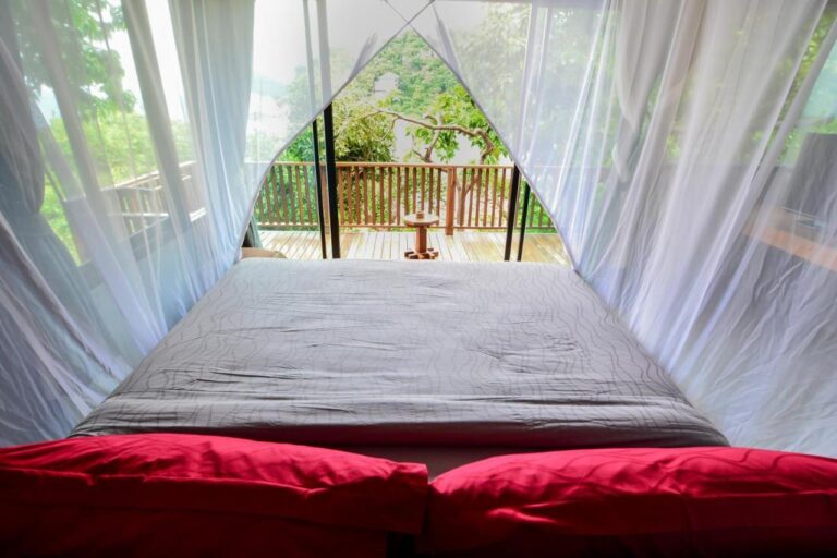 The view from the bed, through the mosquito net, of a wooden deck and the trees