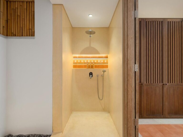 A walk-in shower behind a wooden door