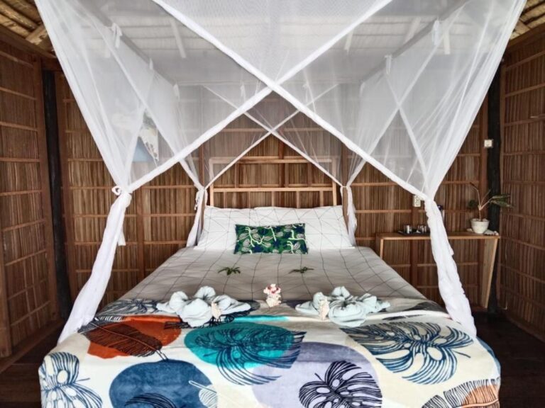 A bed under a mosquito net, with a blue leaf-print bedspread and folded towels