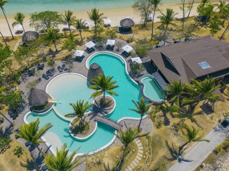 Aerial view of the pool, its islets planted with palm trees and its footbridge