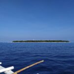 The flat, wooded island of Balicasag on the horizon, with its white lighthouse and fringe of pale sand, seen from a bangka whose white outriggers fill the foreground, under a cloudless blue sky.