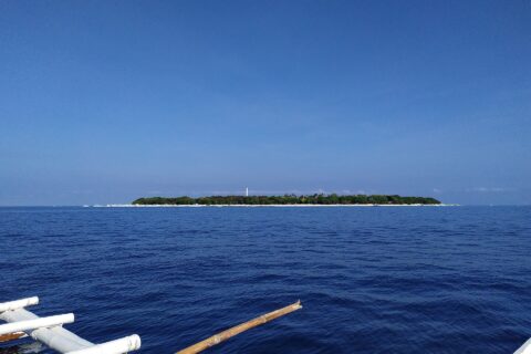The flat, wooded island of Balicasag on the horizon, with its white lighthouse and fringe of pale sand, seen from a bangka whose white outriggers fill the foreground, under a cloudless blue sky.