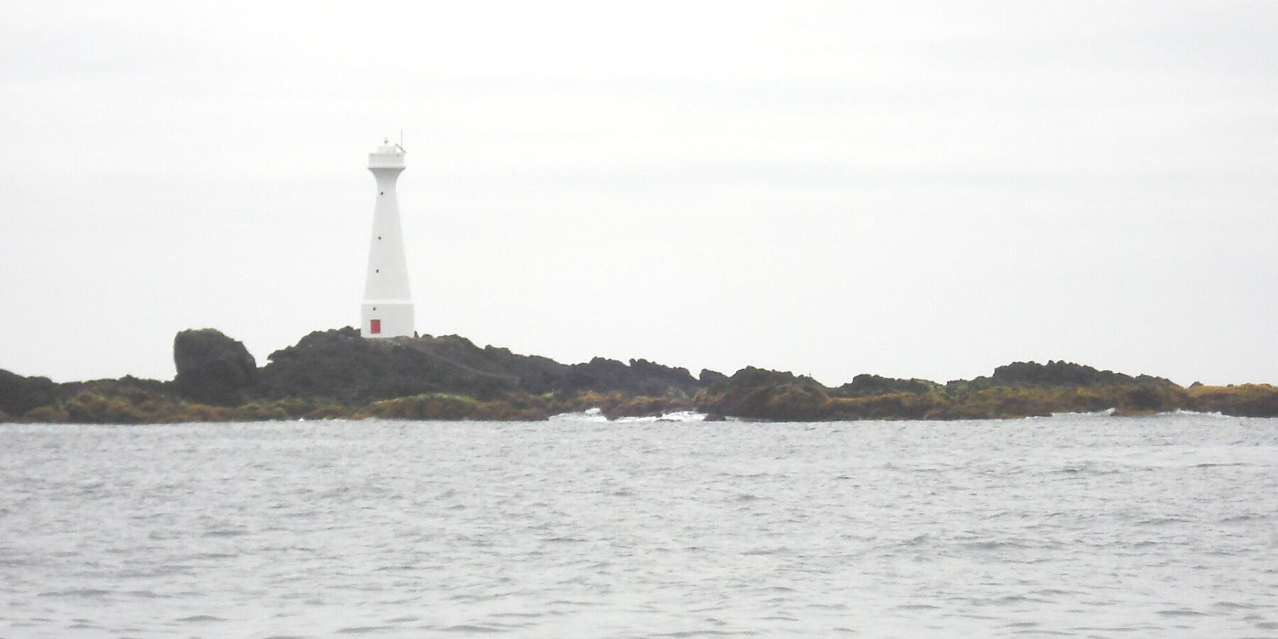 A slender white lighthouse with a red door stands on the low, rocky islet of Formigão, its dark rocks fringed with brown algae, above a gray, rough sea under an overcast sky